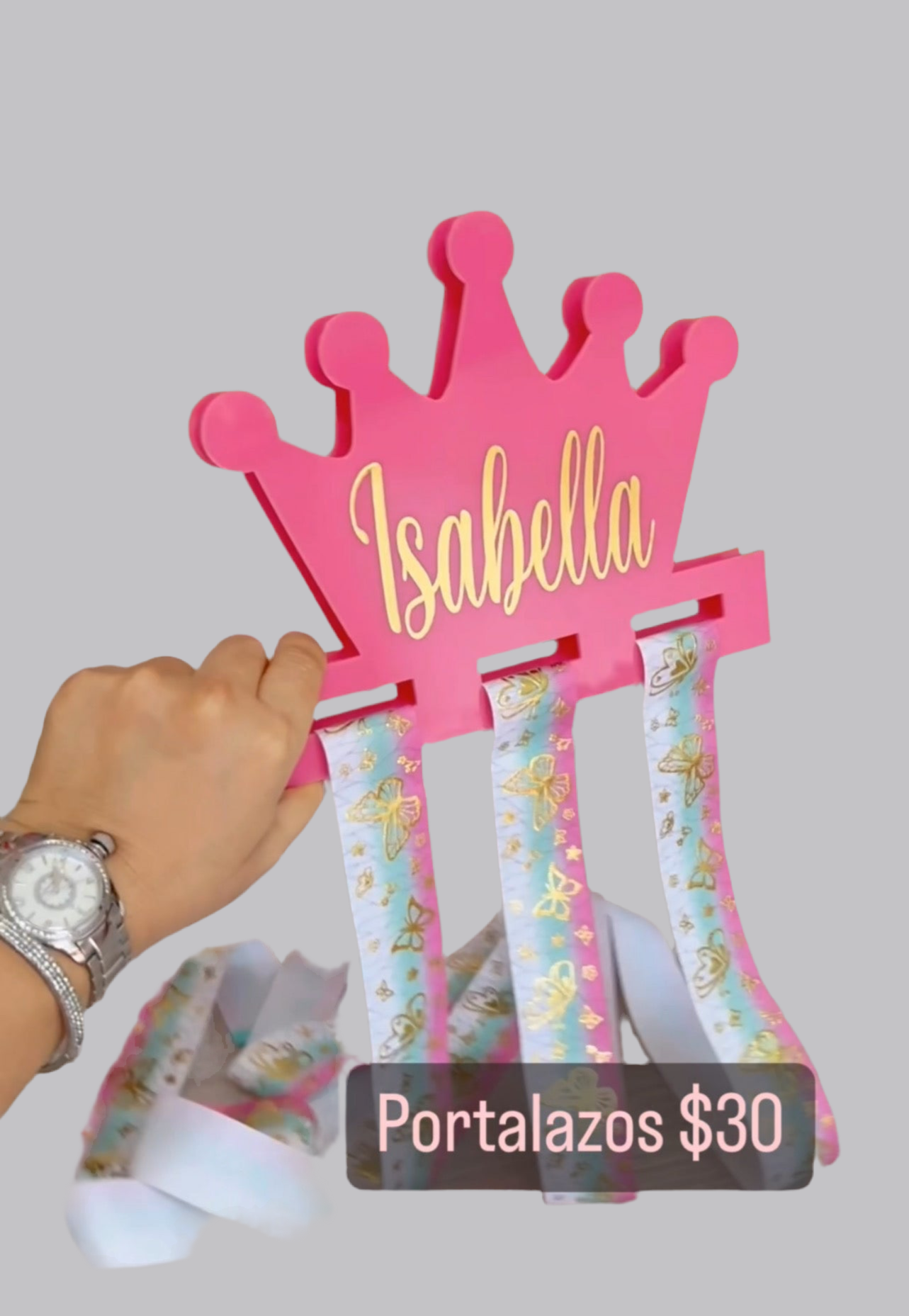 Portalazos corona grande rosada